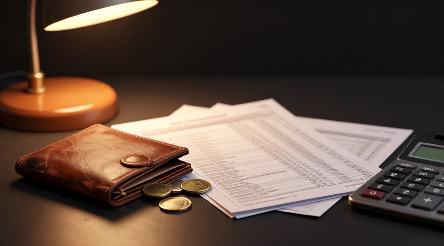 Carteira aberta e quase vazia sobre uma mesa de escritório, ao lado de uma calculadora e relatórios de orçamento, simbolizando o déficit nas contas do governo.