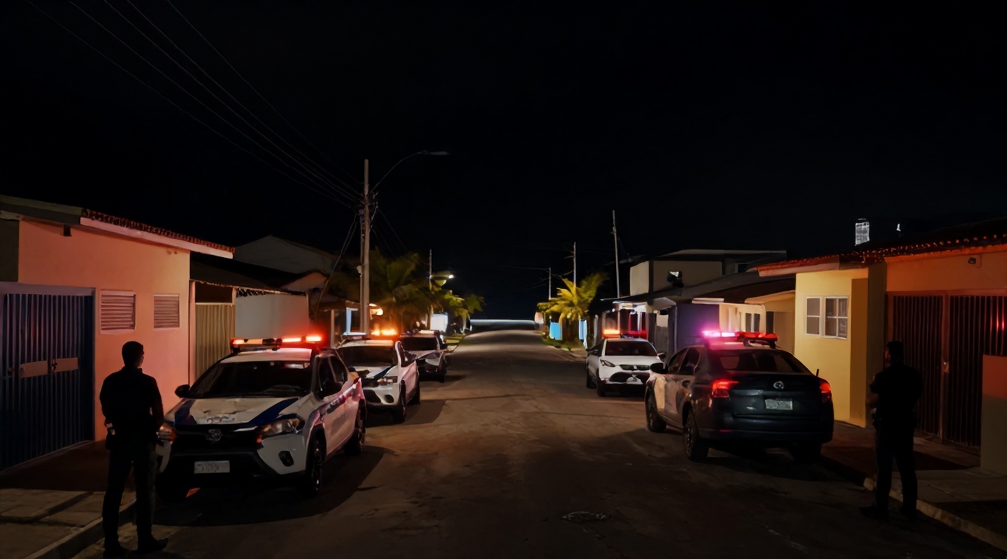 Viaturas policiais com giroflex ligado estacionadas em rua residencial ao amanhecer, com policiais de costas perto do portão de uma casa