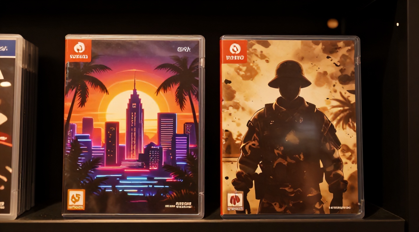 Duas caixas de jogos lado a lado na prateleira de uma loja: uma com uma cidade tropical iluminada por neon e outra com a silhueta de um soldado