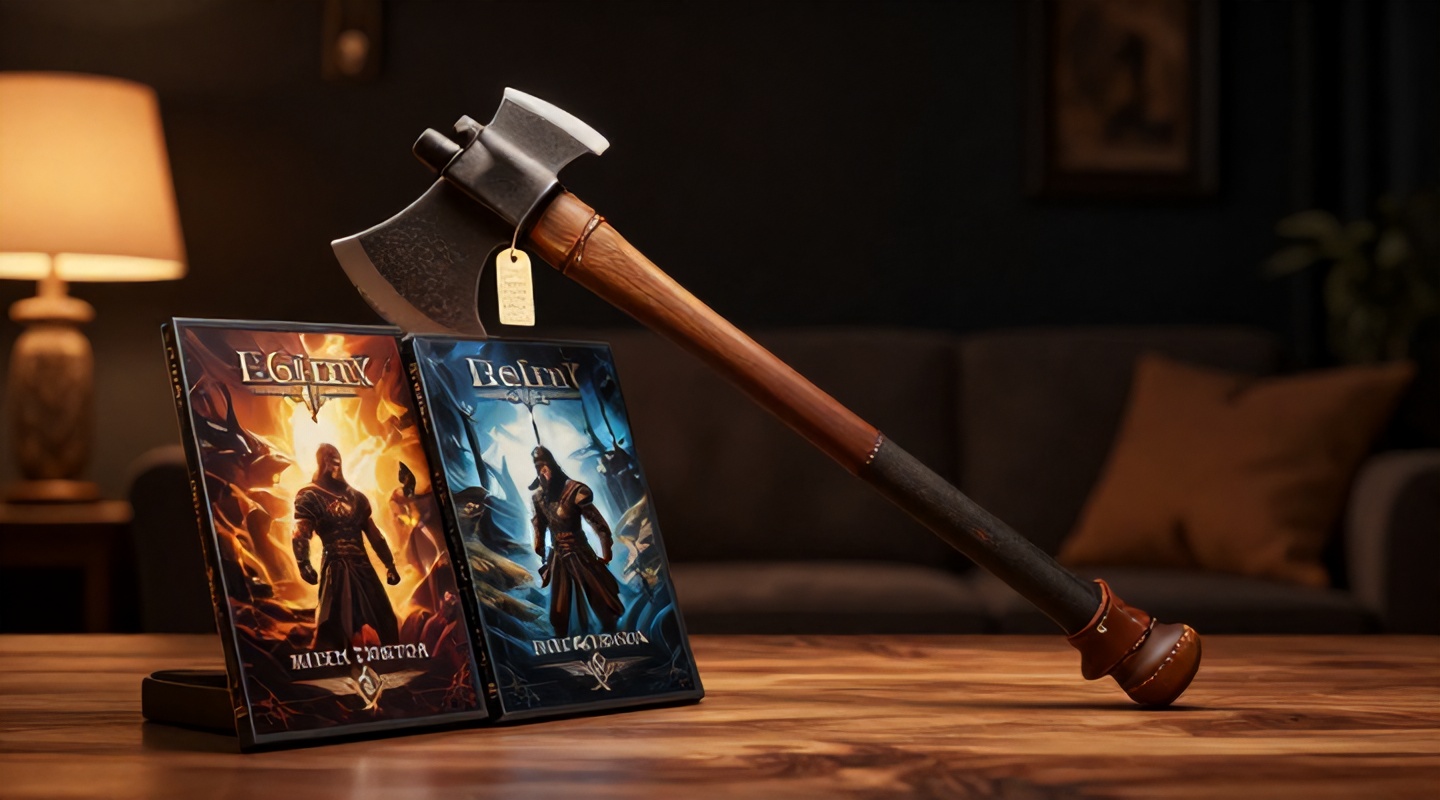 Duas capas de jogos com arte nórdica apoiadas em um machado sobre uma mesa de madeira, com uma etiqueta de desconto