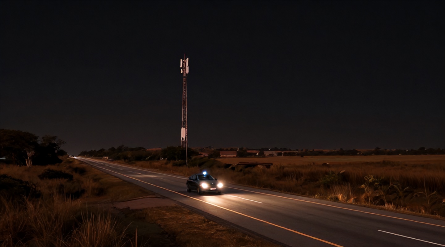 Rodovia em área rural ao entardecer, com uma torre de telecomunicações à beira da estrada e um carro passando com um celular no painel
