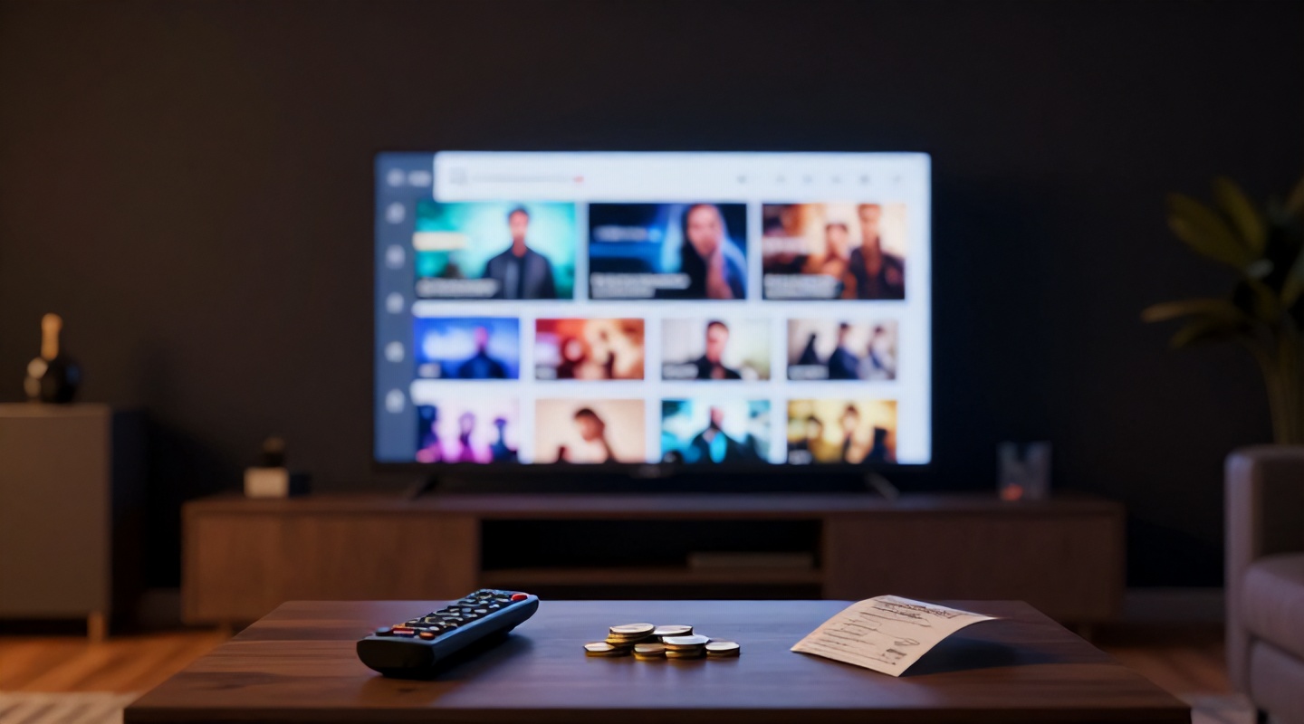 Sala de estar à noite com uma TV mostrando o menu de um serviço de streaming. Na mesa de centro, um controle remoto ao lado de moedas de real e de um recibo de papel.