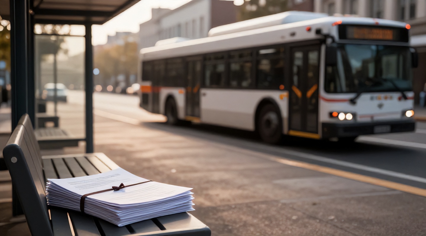 Ônibus urbano com as portas abertas em um ponto vazio numa manhã de fim de semana, com uma pilha de documentos oficiais sobre o banco em primeiro plano.