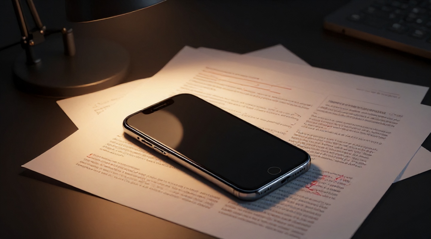 Celular sobre uma mesa de redação ao lado de rascunhos de reportagens marcados com caneta vermelha