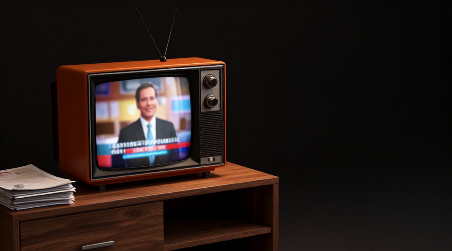 Televisão antiga numa sala exibindo uma propaganda eleitoral desfocada, com uma pilha de documentos ao lado