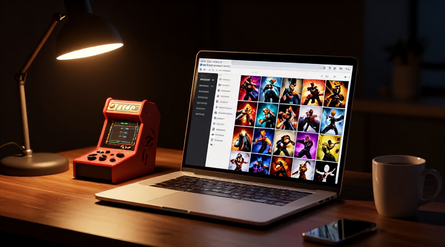 Notebook sobre uma mesa à noite mostrando uma pasta na nuvem cheia de miniaturas de ilustrações de personagens de jogo de luta, com um controle arcade e uma caneca ao lado