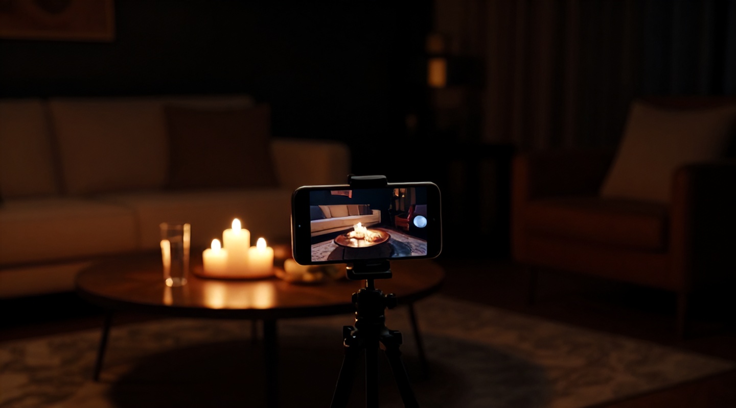 Celular num tripé gravando uma mesa de centro com velas acesas e um copo d'água, em referência a uma simpatia