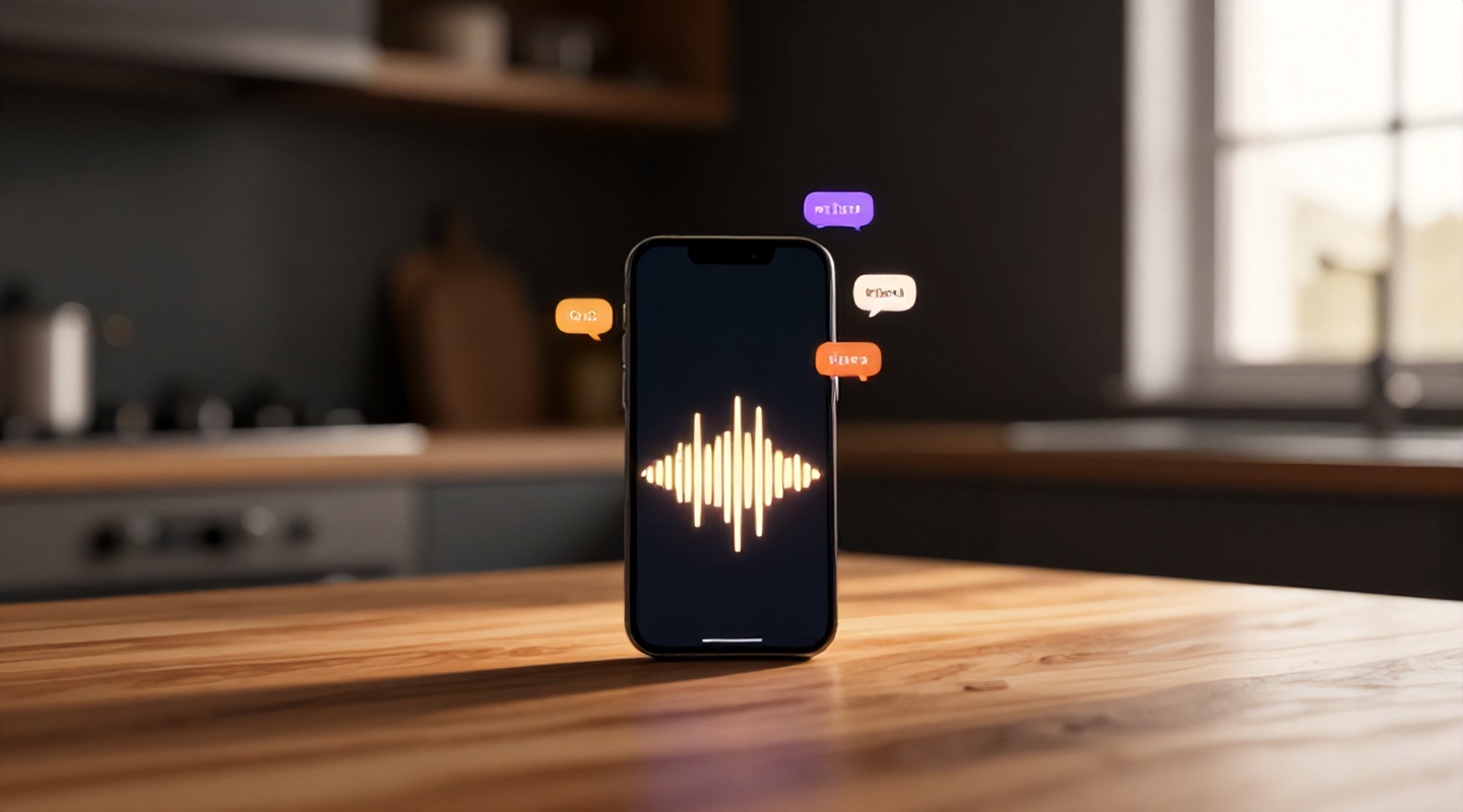 Smartphone sobre uma mesa de madeira mostrando uma onda sonora na tela, cercado por balões de fala coloridos que representam diferentes idiomas e sotaques.