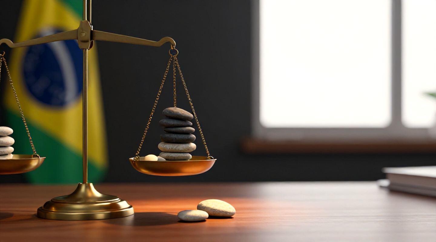 Balança antiga de latão sobre mesa de escritório, com uma pilha maior de pedras escuras pesando mais que uma pilha menor de pedras claras, e pedras bege ao lado, simbolizando a avaliação negativa do governo superando a positiva.