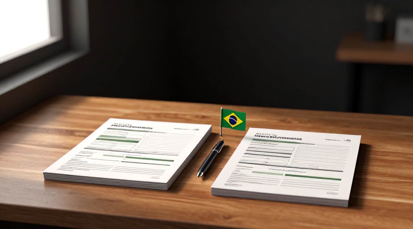 Relatório de pesquisa de opinião dividido em duas pilhas de papel quase iguais sobre uma mesa de madeira, com uma caneta entre elas e um broche da bandeira do Brasil ao lado.