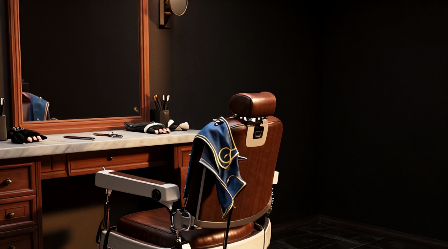 Cadeira de barbearia antiga com um vestido azul de detalhes dourados e braceletes com spikes, ao lado de tesoura, navalha e luvas de luta sobre o balcão diante do espelho.
