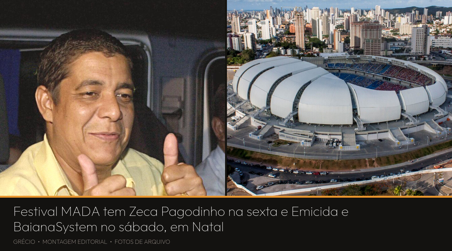 Montagem com fotos de arquivo: à esquerda, retrato antigo do cantor Zeca Pagodinho fazendo sinal de positivo com as mãos; à direita, vista aérea do estádio Arena das Dunas, em Natal. As imagens não registram o festival.