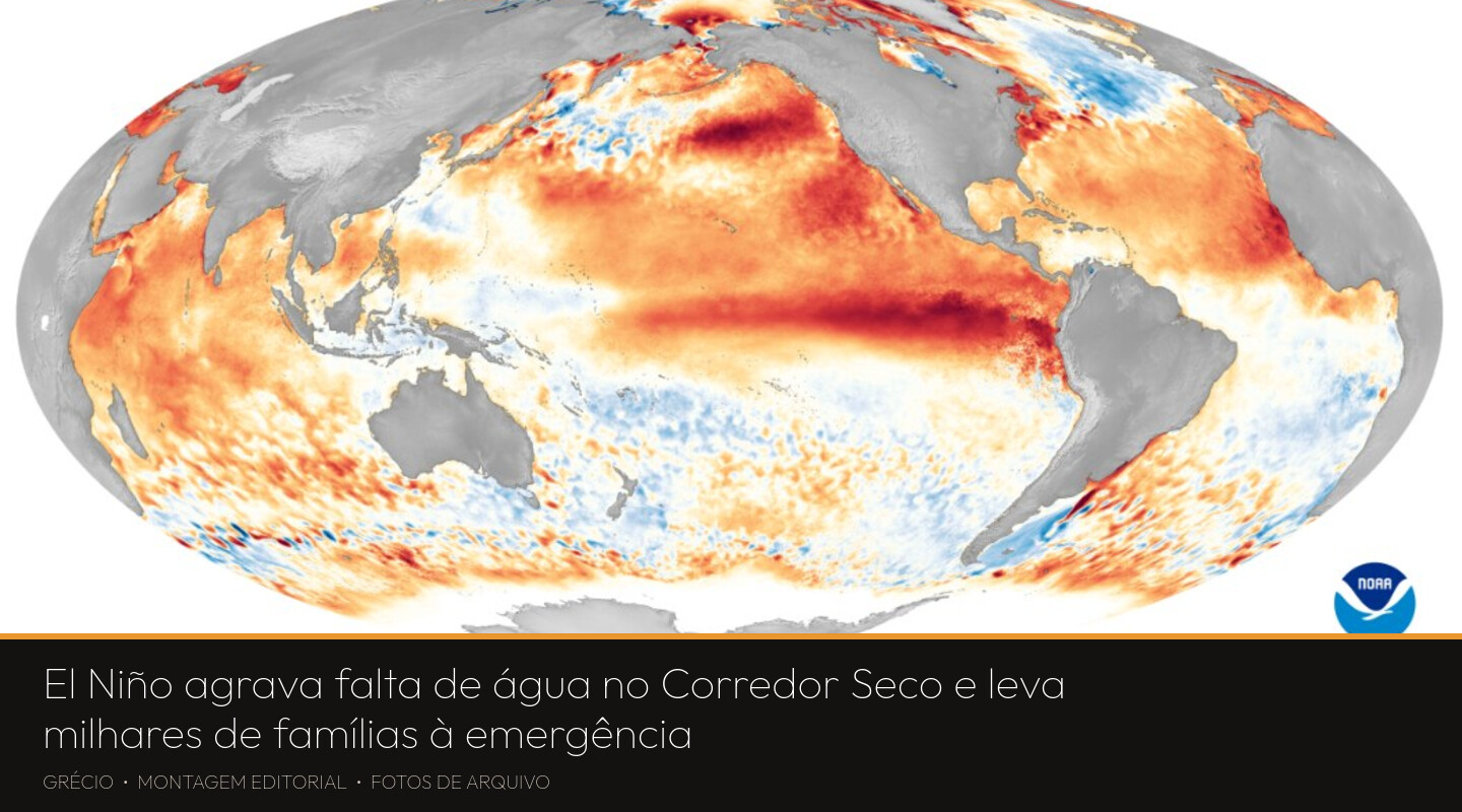 Mapa de arquivo da NOAA mostrando o aquecimento das águas do Oceano Pacífico equatorial durante o El Niño de 2016, usado como ilustração do fenômeno climático.