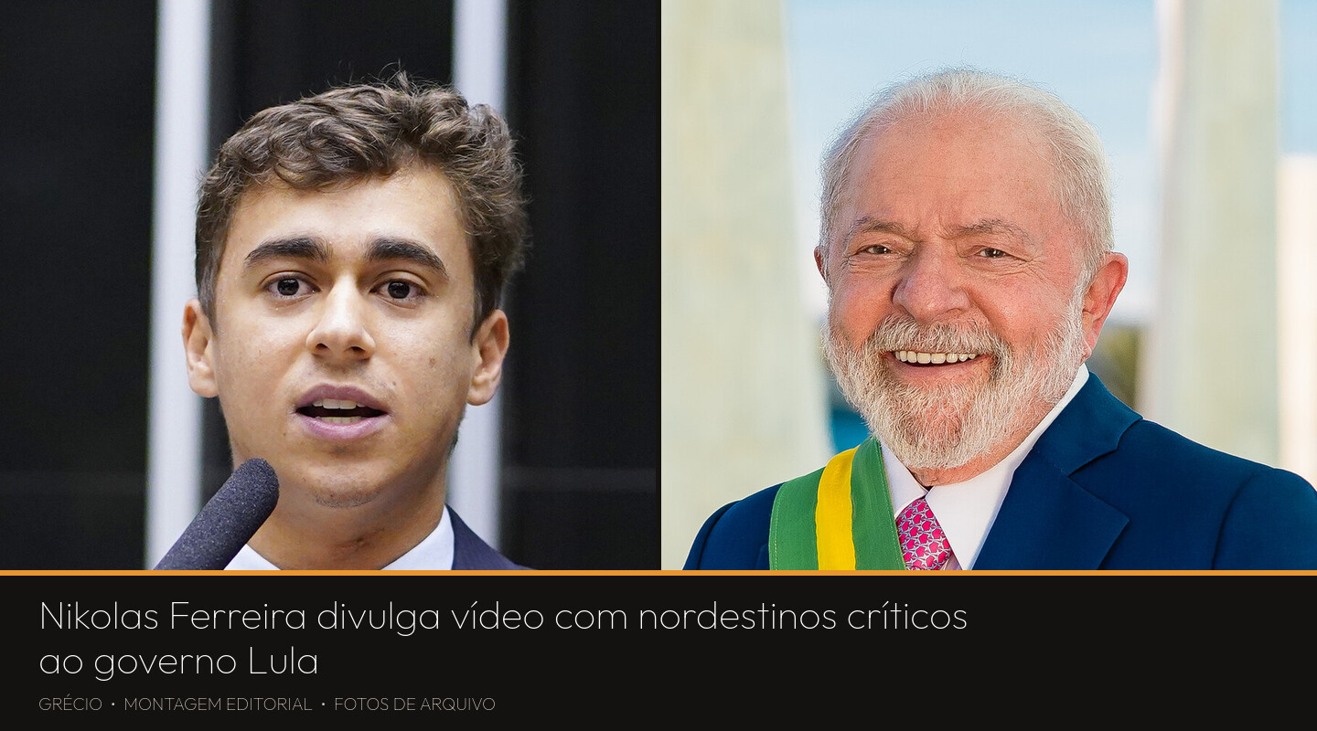 Montagem com fotos de arquivo: à esquerda, o deputado Nikolas Ferreira discursando ao microfone na Câmara; à direita, o retrato oficial do presidente Luiz Inácio Lula da Silva com a faixa presidencial.