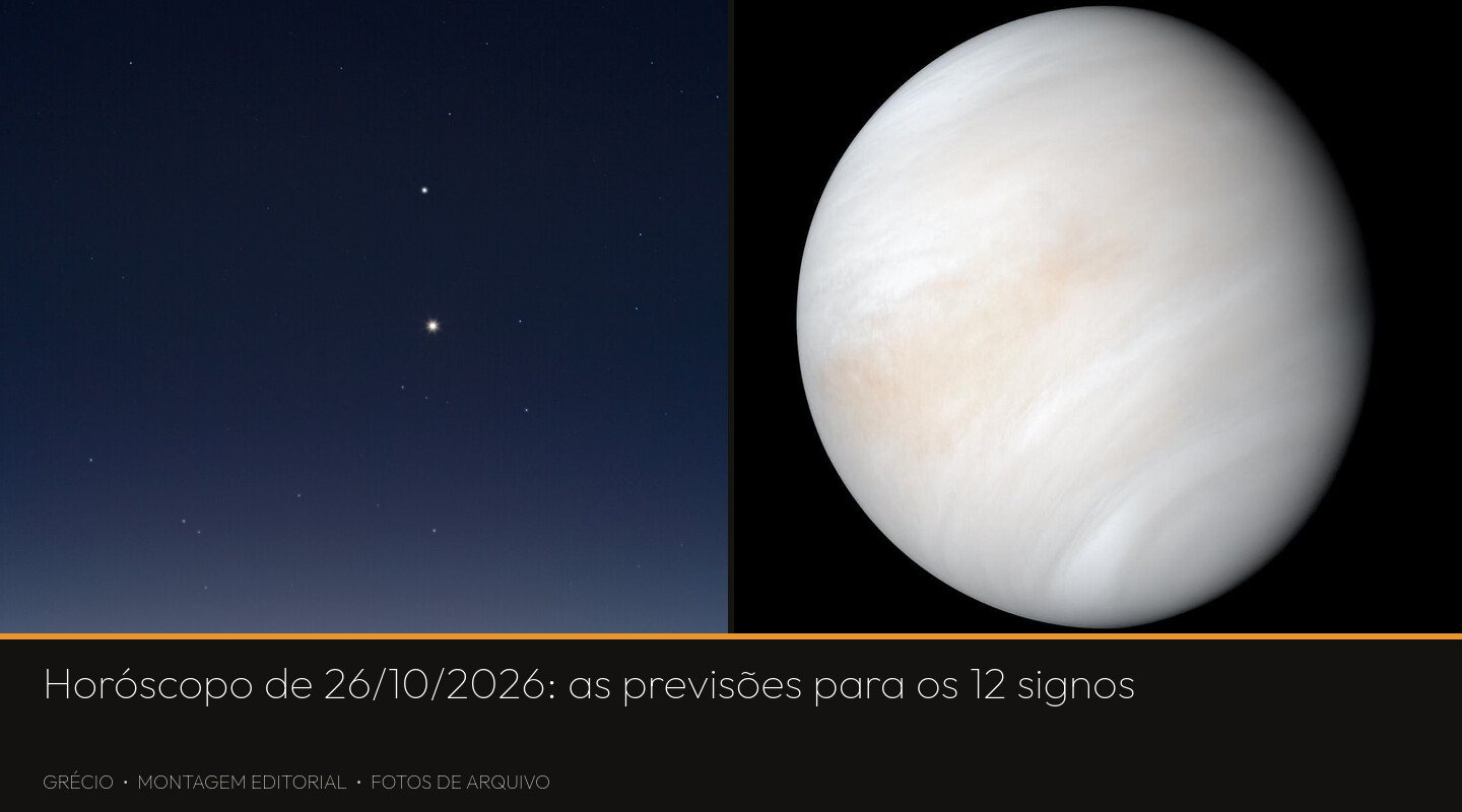 Montagem com imagens de arquivo: à esquerda, Mercúrio e Vênus alinhados acima da Lua crescente no céu do crepúsculo, sobre a silhueta de um telescópio no Observatório Paranal; à direita, o planeta Vênus coberto por nuvens, em imagem da sonda Mariner 10.