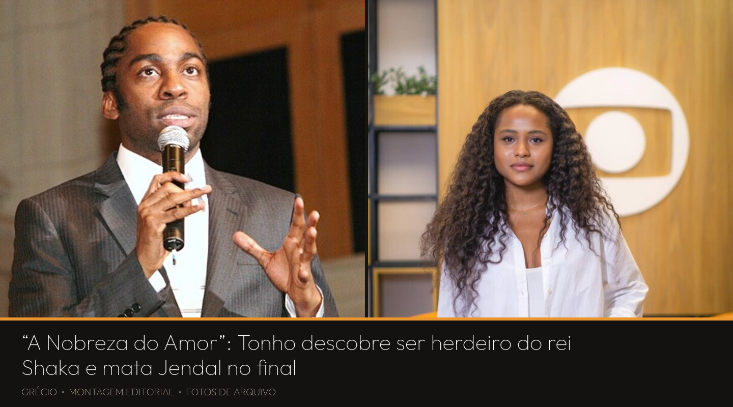 Montagem com fotos de arquivo: à esquerda, Lázaro Ramos ao microfone em evento de 2009; à direita, a atriz Duda Santos em retrato de divulgação da Globo. As imagens não registram cenas da novela.
