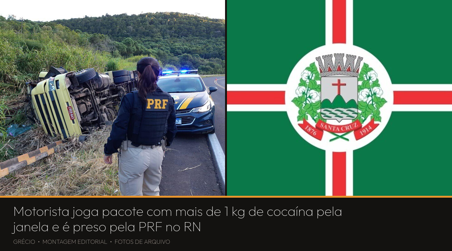 Montagem com imagens de arquivo: uma agente da PRF de costas em uma rodovia, ao lado de uma viatura, em ocorrência anterior no Paraná, e a bandeira do município de Santa Cruz (RN).