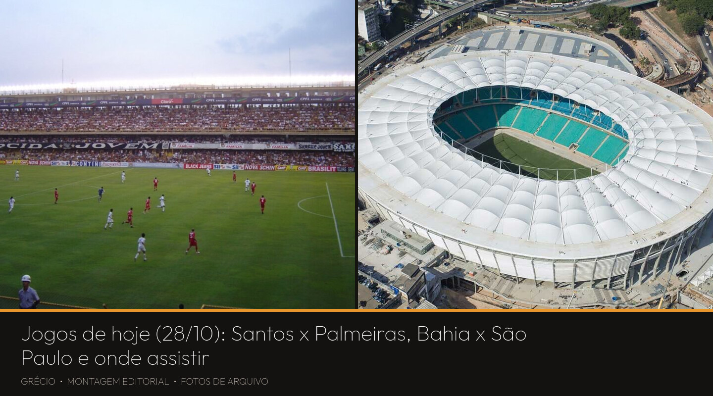 Montagem com fotos de arquivo: à esquerda, o estádio Vila Belmiro, do Santos, durante uma partida em 2006; à direita, vista aérea da Arena Fonte Nova, em Salvador, em 2013.