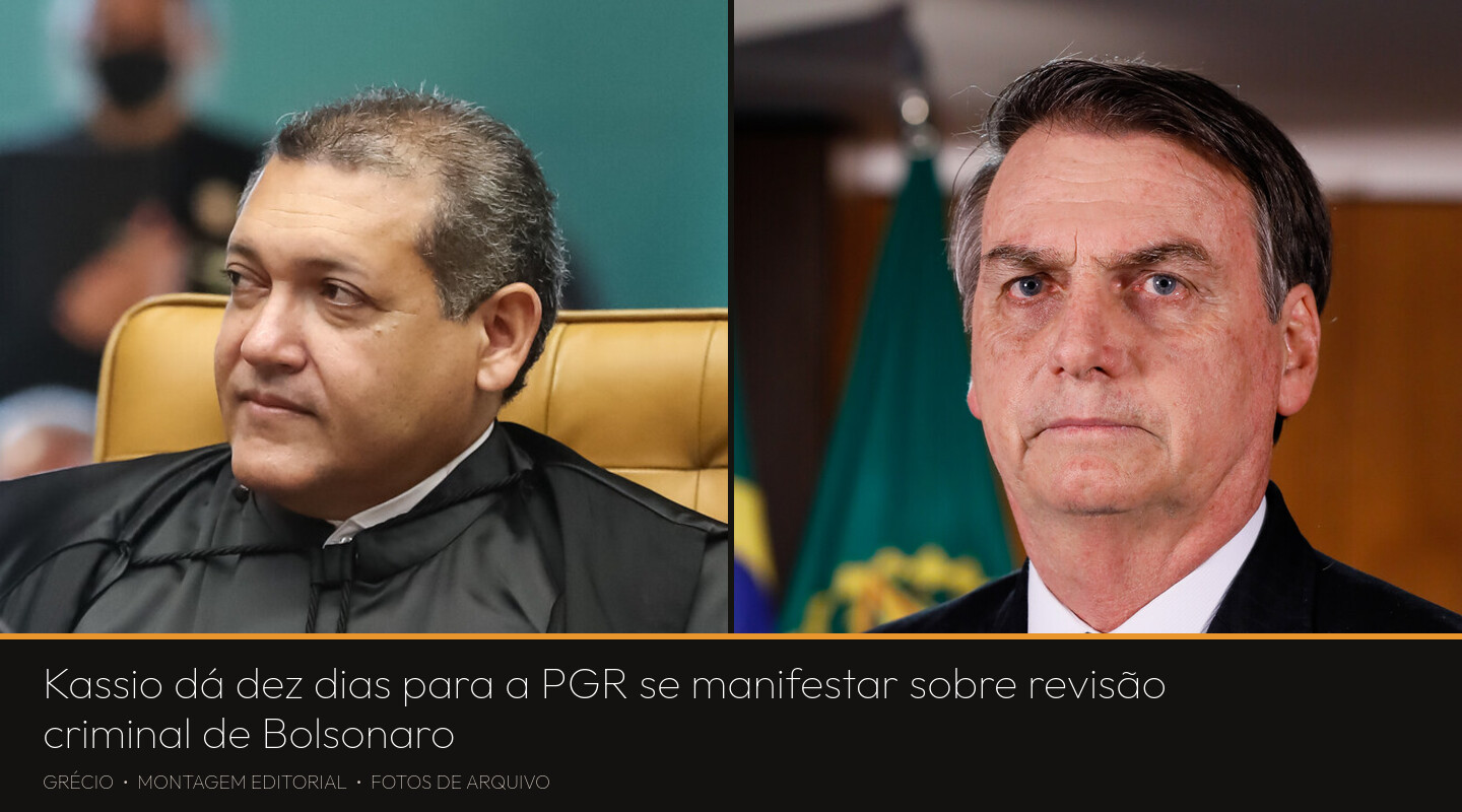 Montagem com fotos de arquivo: à esquerda, o ministro do STF Kassio Nunes Marques de toga, em 2020; à direita, o ex-presidente Jair Bolsonaro em pronunciamento oficial, em 2019.